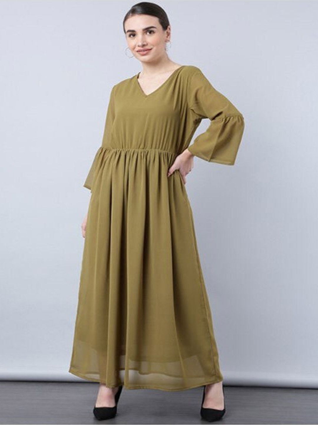 

Aila V-Neck Cotton Bell Sleeves Maxi Dress, Olive