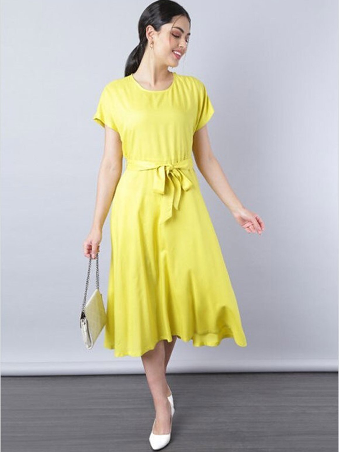 

Aila Fit & Flare Midi Dress With Belt, Yellow