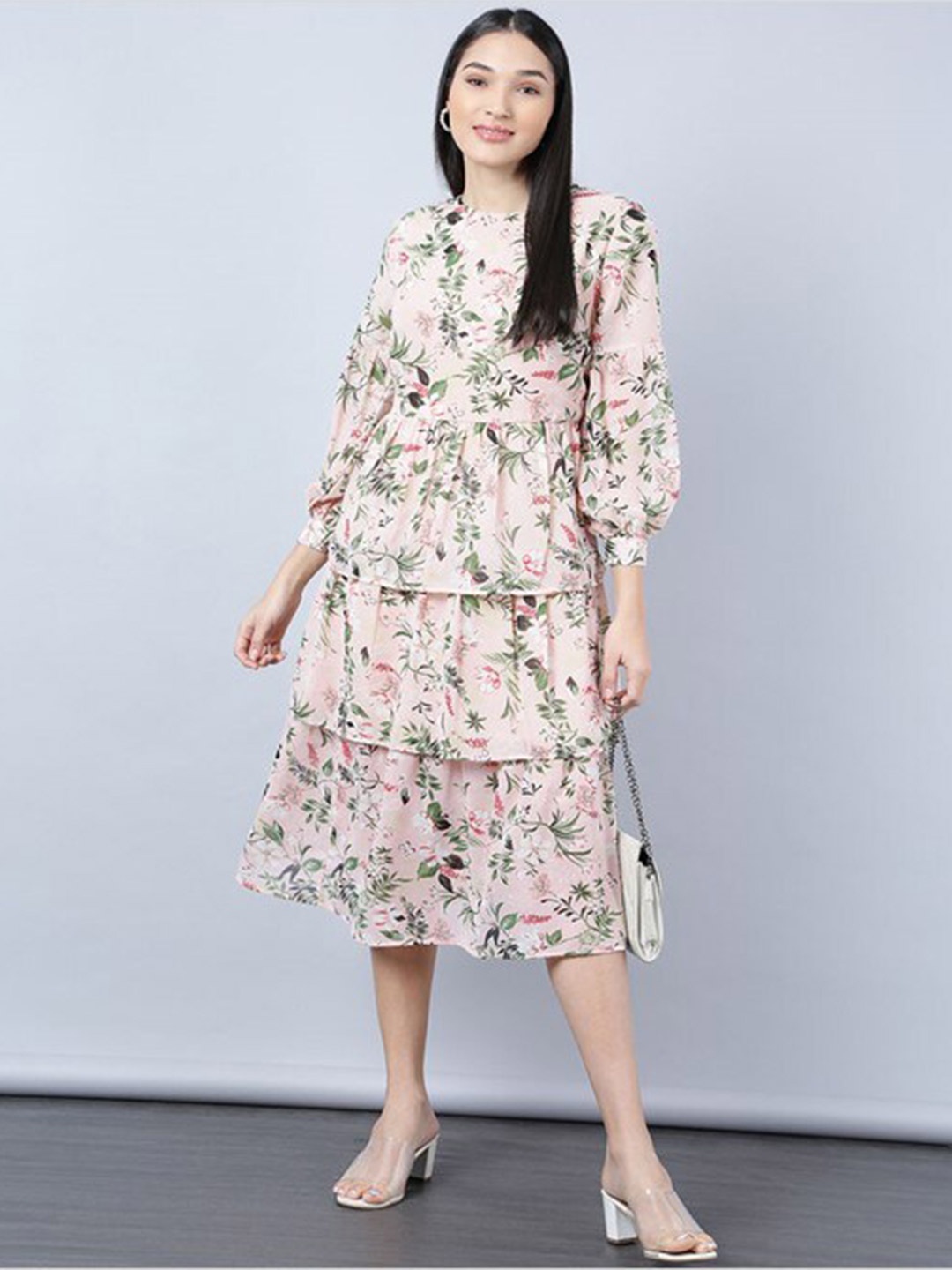 

Aila Floral Printed Layered Cotton Fit & Flare Midi Dress, Pink