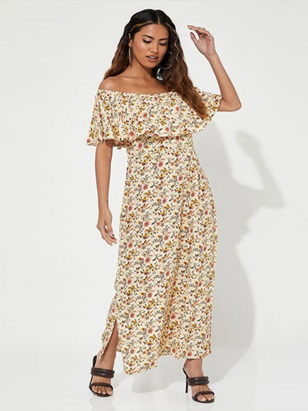 

Aila Floral Printed Off-Shoulder A-Line Maxi Dress, Yellow