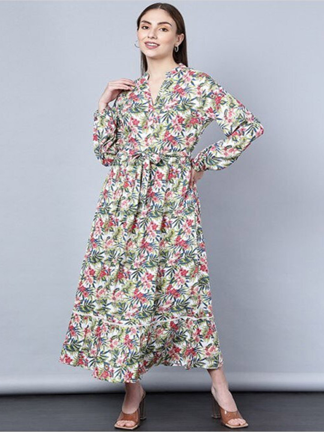 

Aila Floral Printed Fit & Flare Maxi Dress With Belt, White