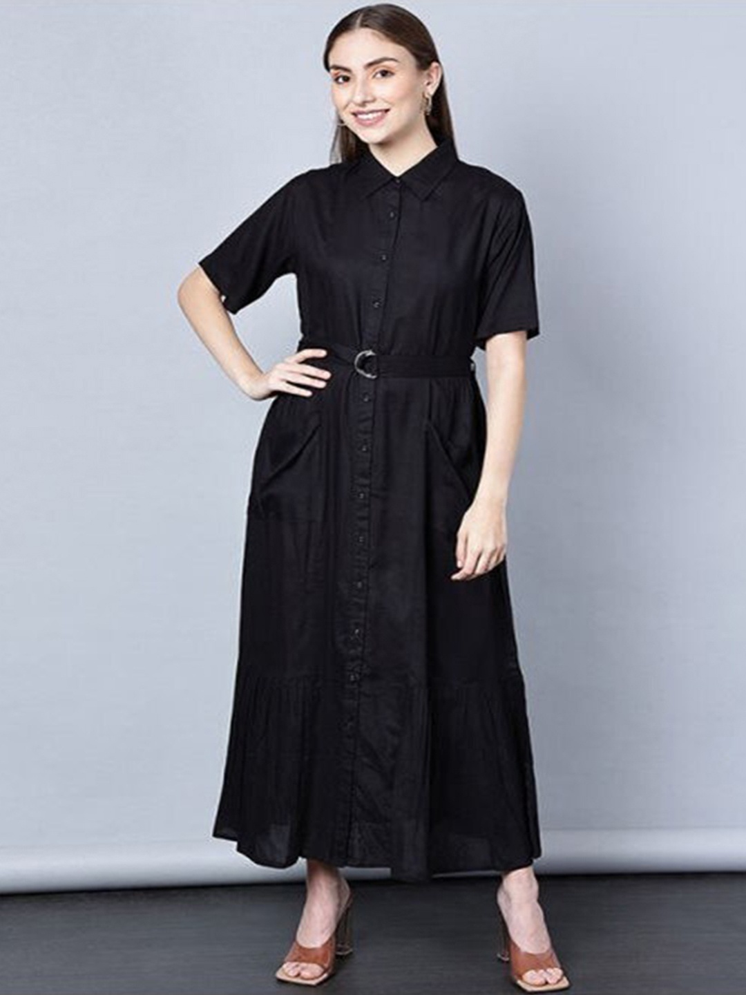 

Aila Shirt Collar Cotton Maxi Shirt Dress With Belt, Black