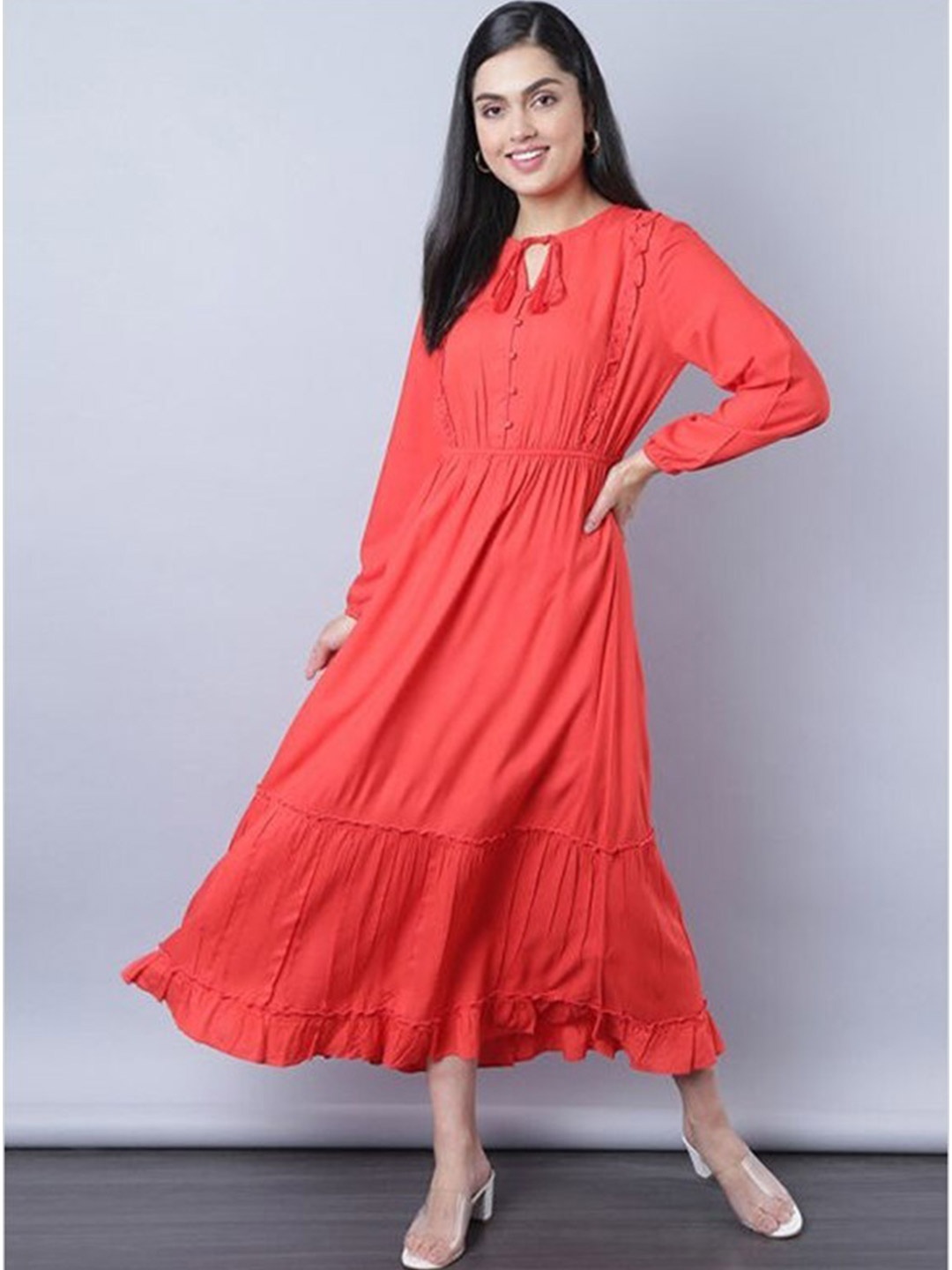 

Aila Tie-Up Neck Ruched Fit & Flare Maxi Dress, Red