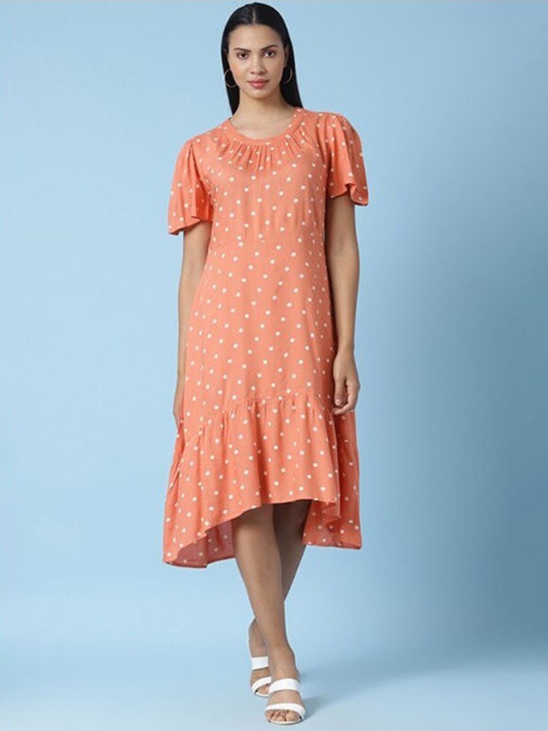 

Aila Polka Dot Print Flared Sleeves Pleated A-Line Dress, Peach