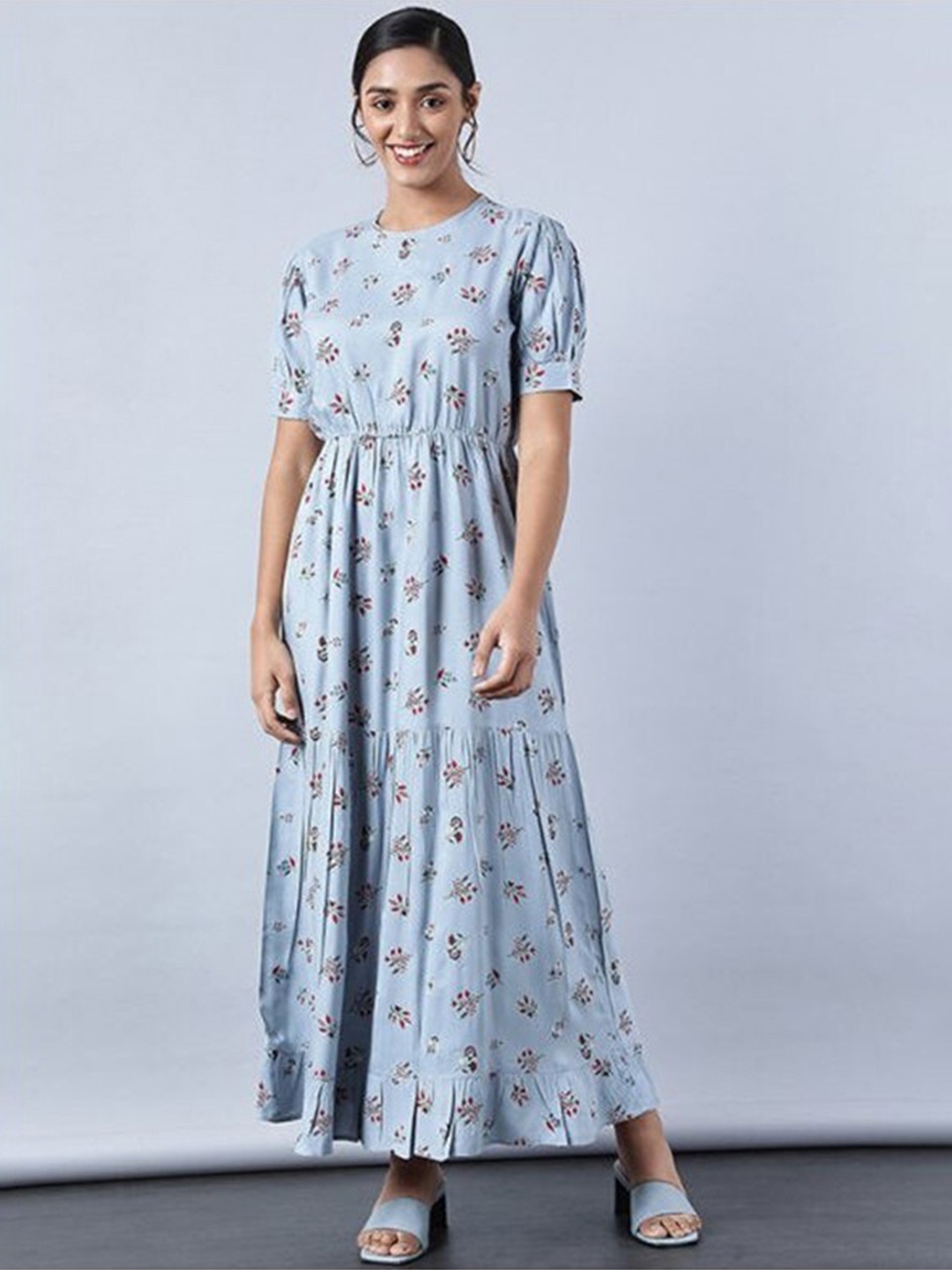 

Aila Floral Printed Puff Sleeves Gathered Tiered Fit & Flare Maxi Dress, Blue