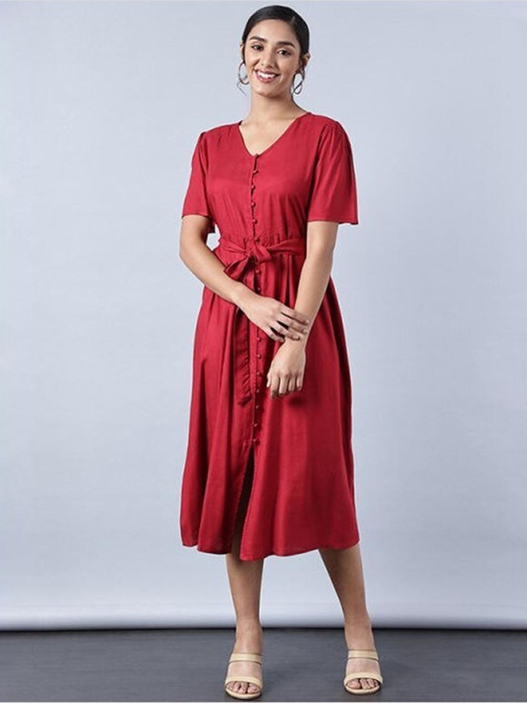 

Aila V-Neck Fit & Flare Midi Dress With Belt, Red