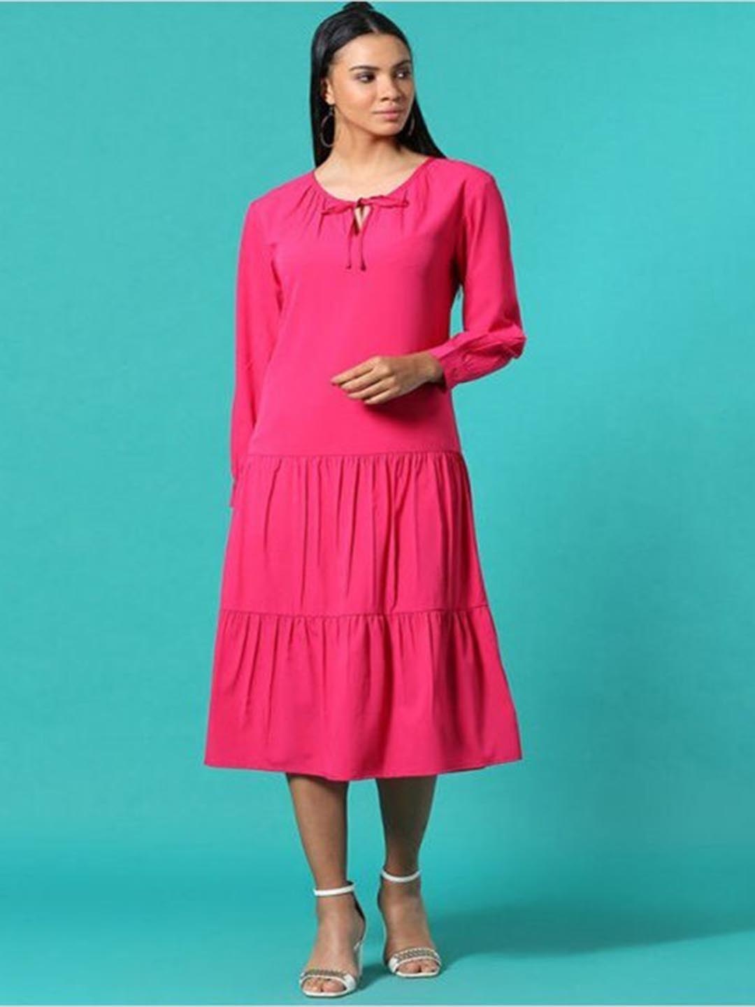 

Aila Tie Up Neck A-Line Tiered Midi Dress, Magenta