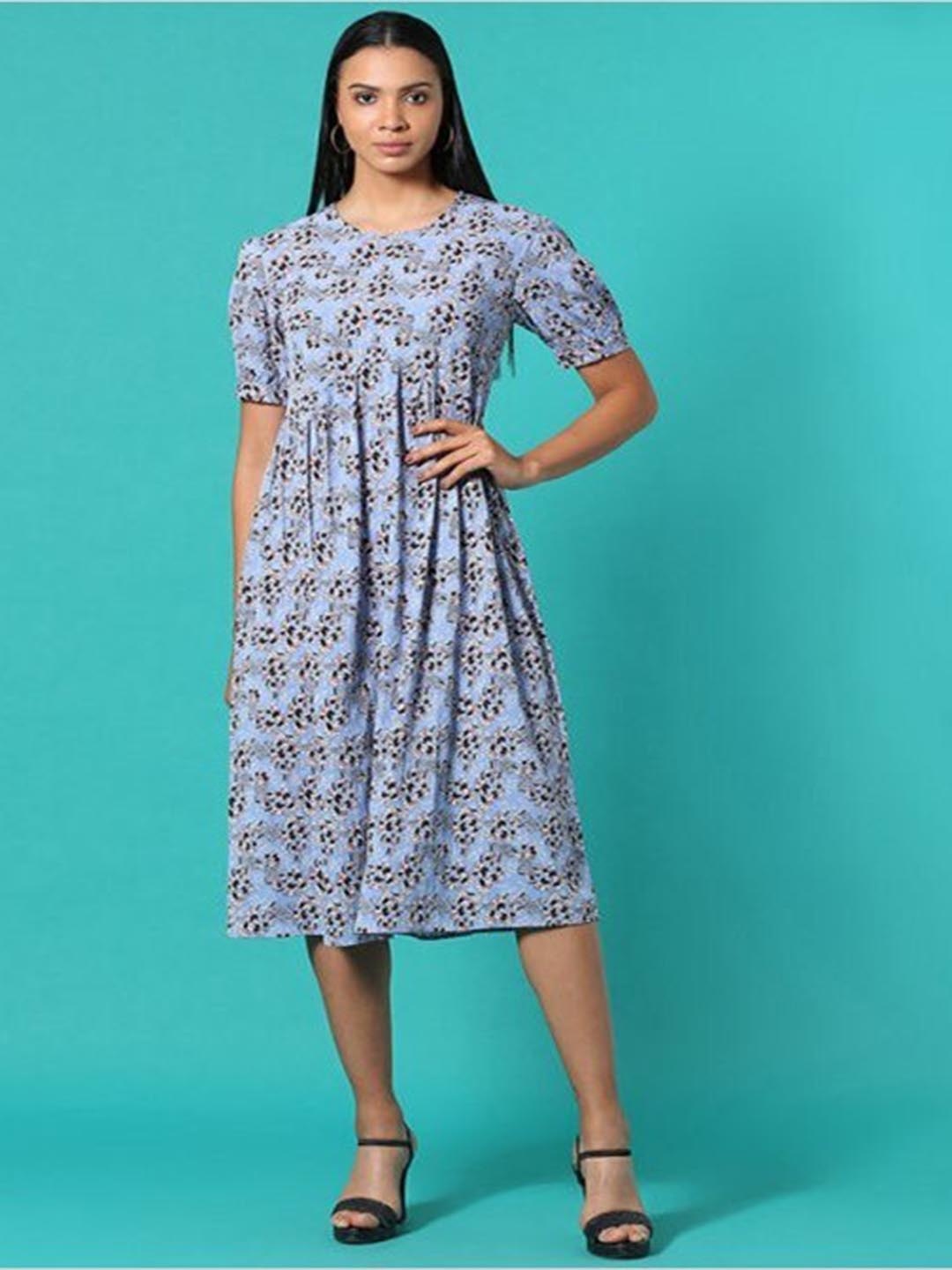 

Aila Floral Print Puff Sleeves Pleated Fit & Flare Midi Dress, Blue