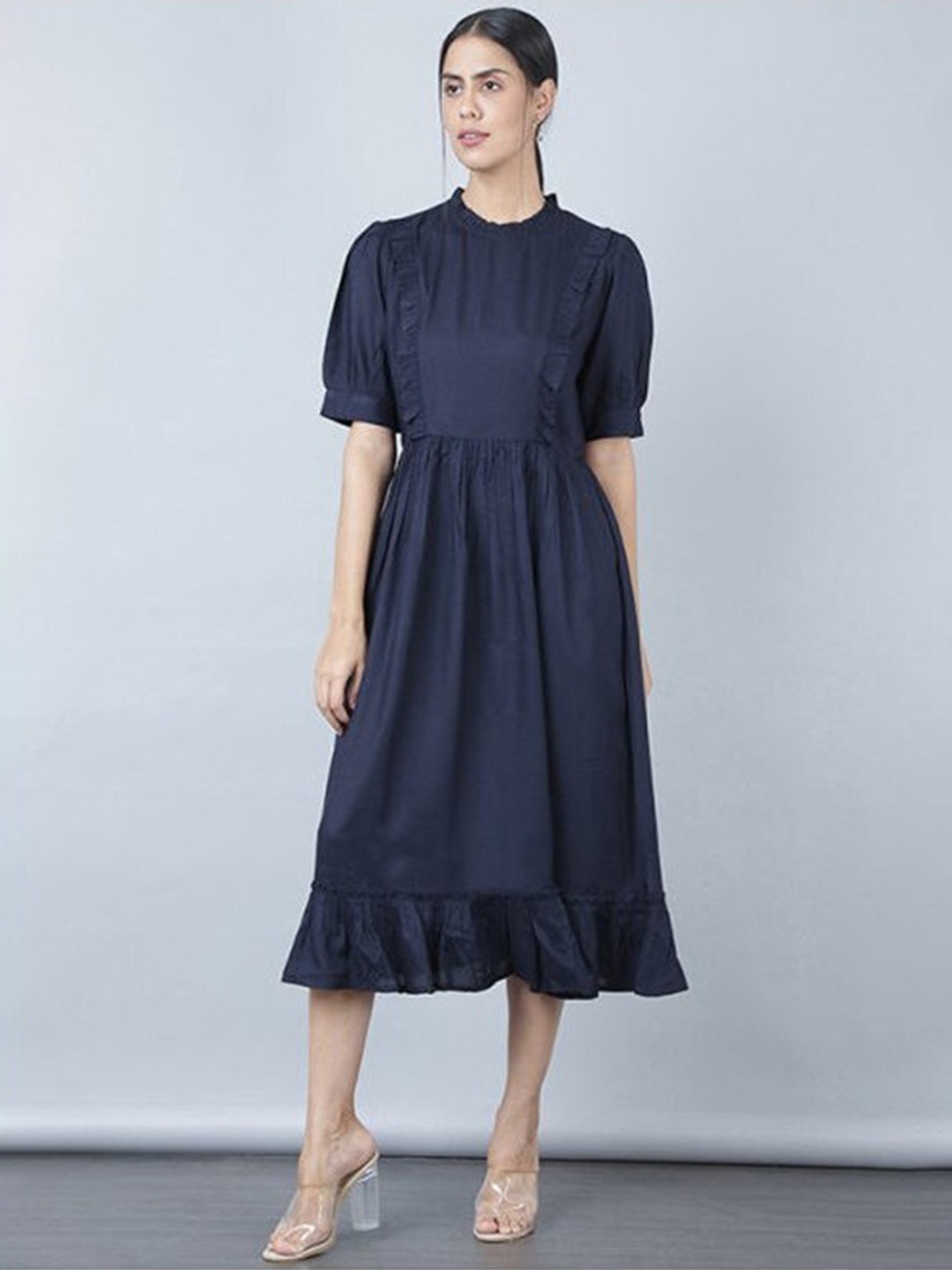 

Aila Puff Sleeves A-Line Midi Dress, Navy blue