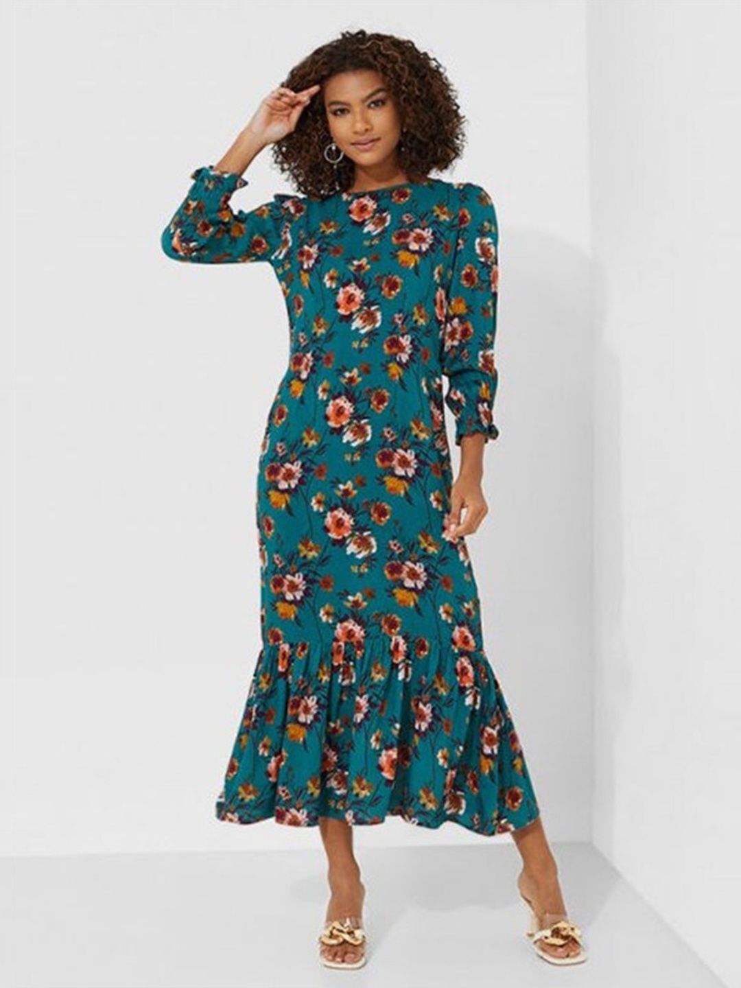 

Aila Floral Printed Smocked Sheath Midi Dress, Green