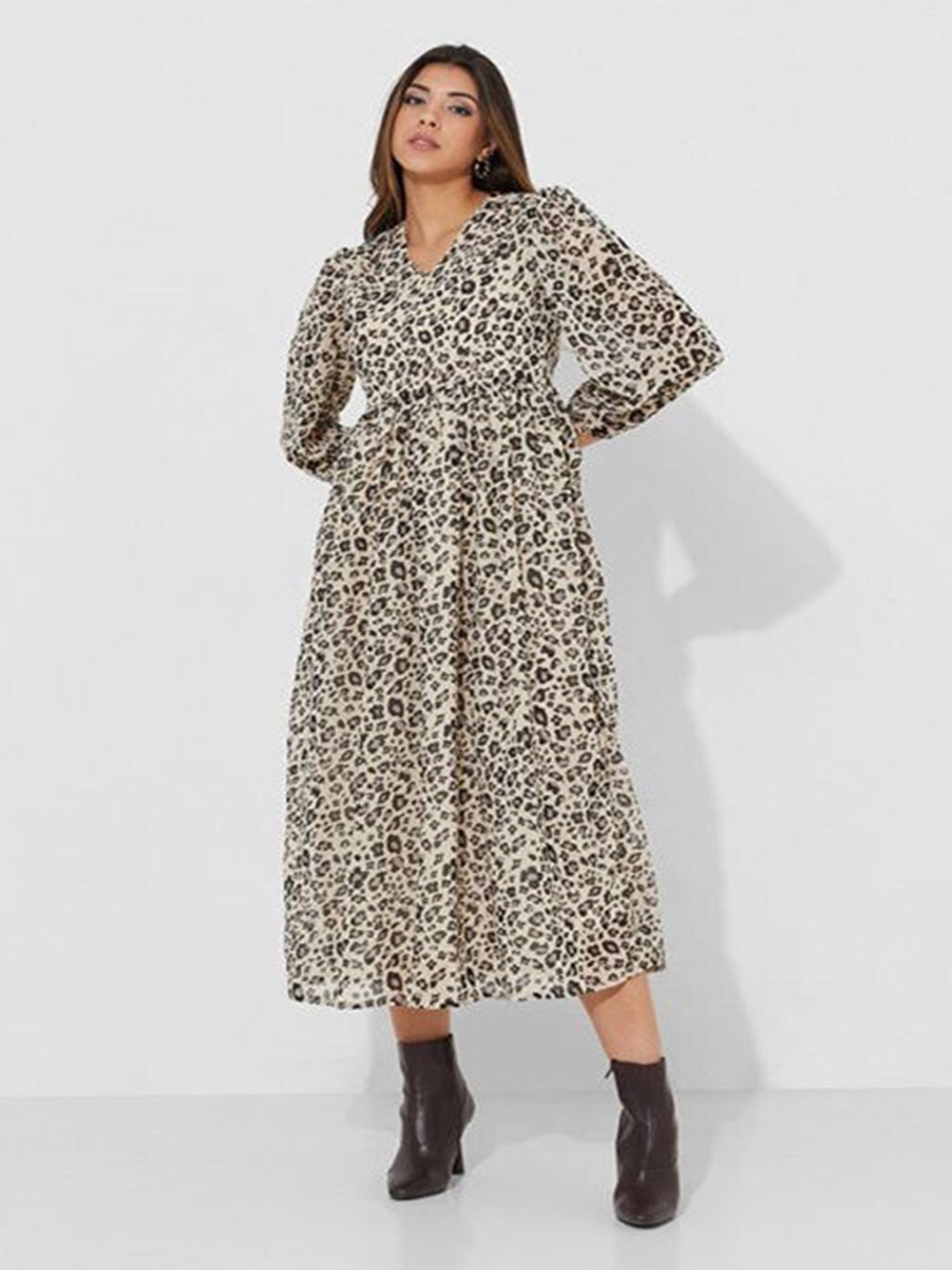 

Aila Animal Printed V-Neck Fit & Flare Dress, Beige