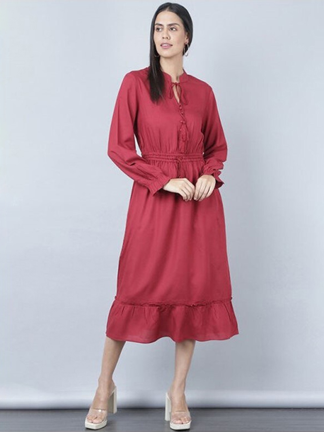 

Aila Keyhole Neck Puff Sleeves Cinched Waist A-Line Midi Dress, Maroon