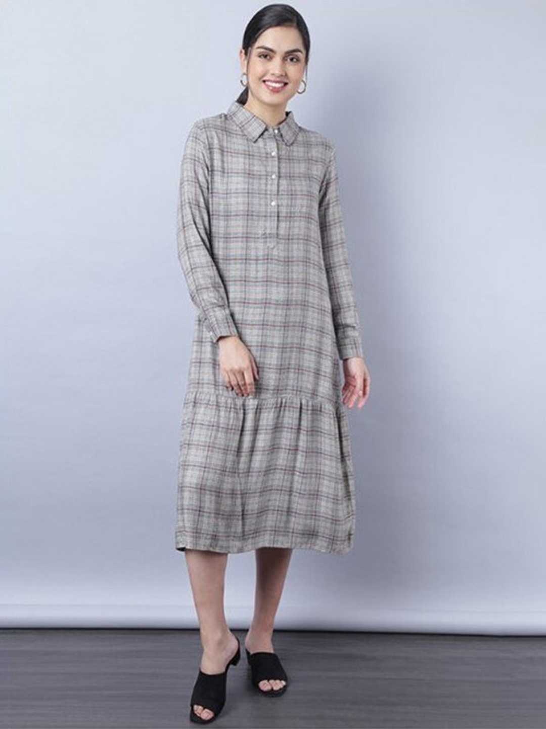 

Aila Checked Shirt Collar A-Line Midi Dress, Grey