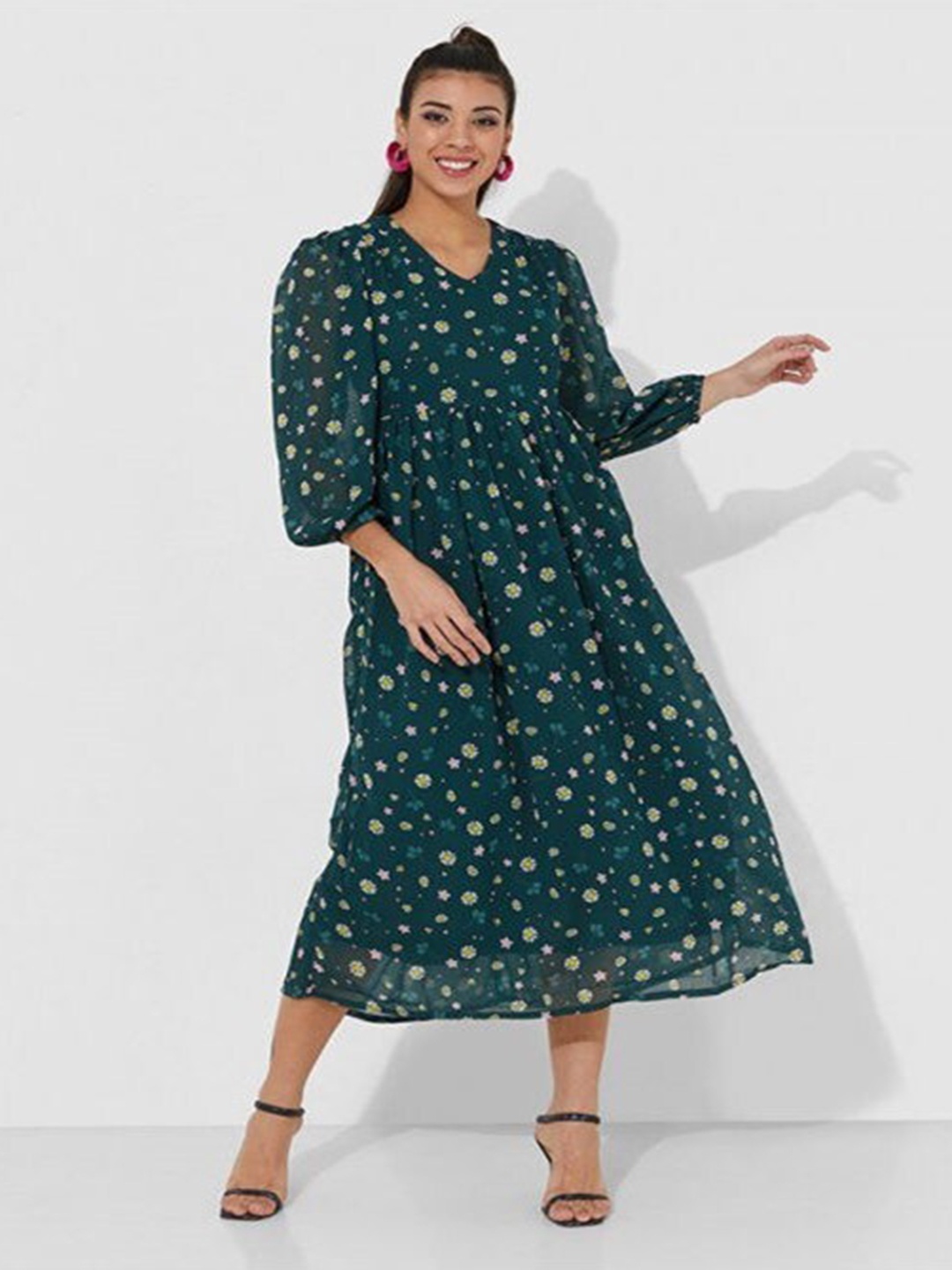 

Aila Floral Printed V-Neck Puff Sleeves Fit & Flare Midi Dress, Green