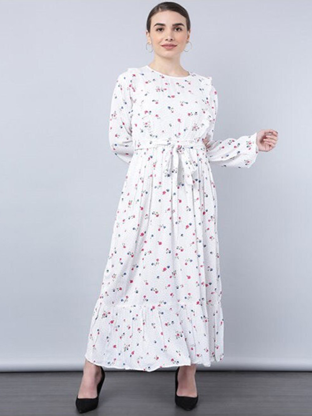 

Aila Floral Printed Puff Sleeves Tie-Up Fit & Flare Maxi Dress, White