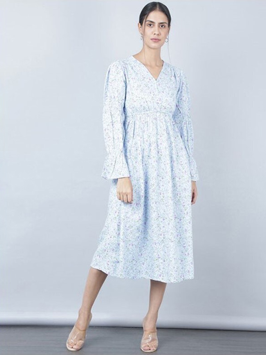 

Aila Floral Printed V-Neck Bell Sleeves A-Line Midi Dress, Blue