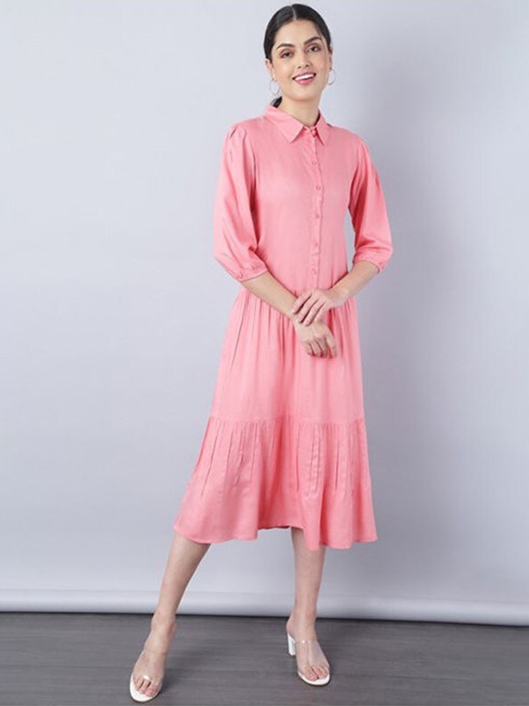 

Aila Shirt Collar Puff Sleeves Cotton Tiered Shirt Midi Dress, Pink