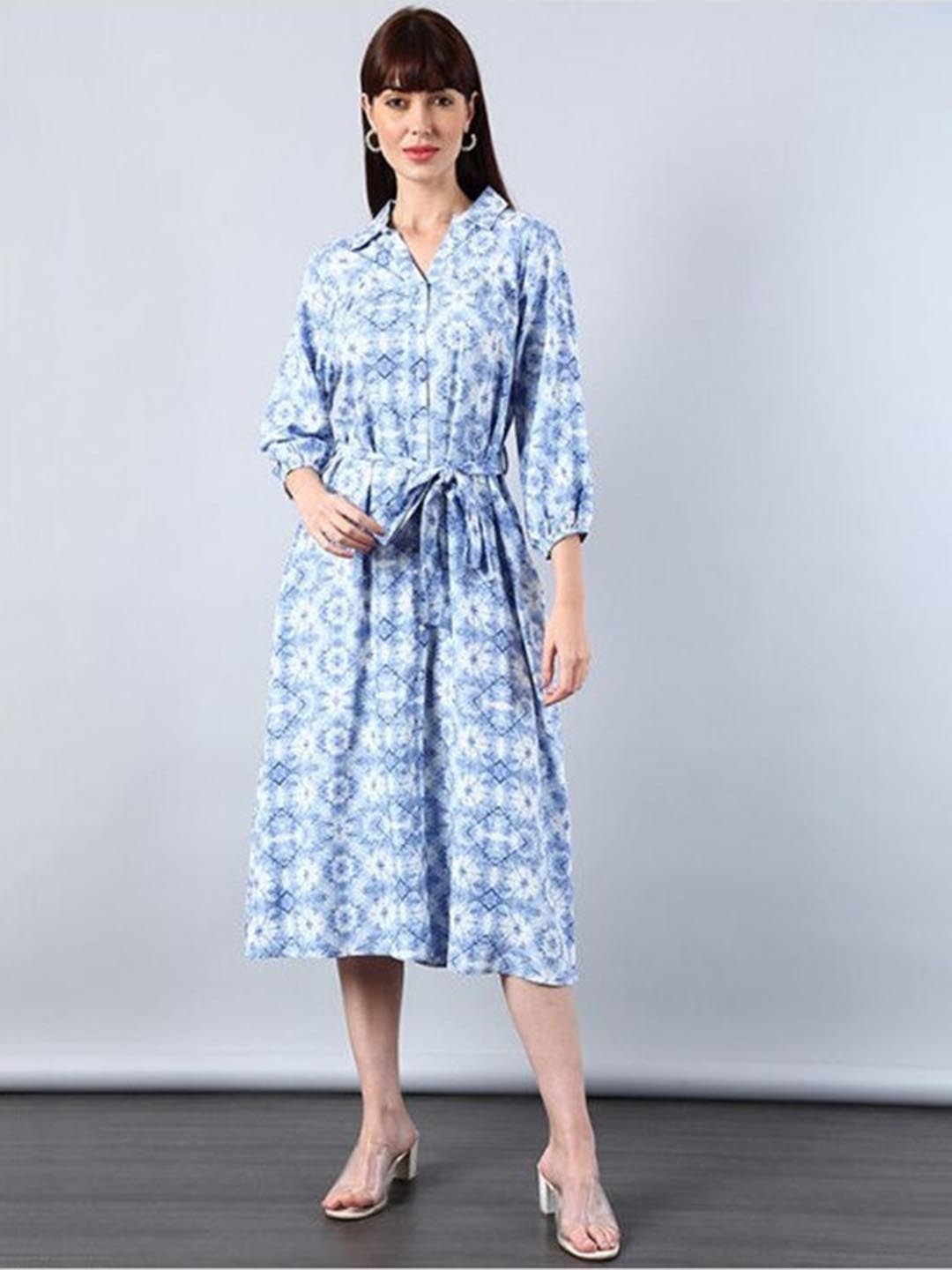 

Aila Floral Printed Puff Sleeves Cotton Shirt Midi Dress With Belt, Blue
