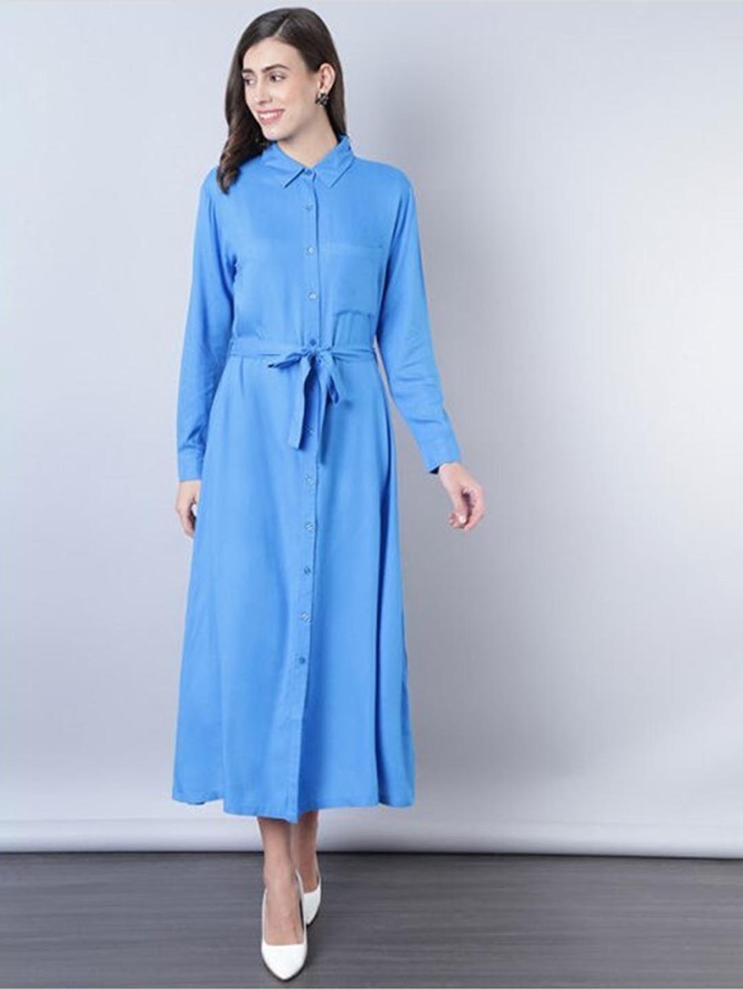 

Aila Shirt Collar Long Sleeves Cotton Shirt Midi Dress With Belt, Blue