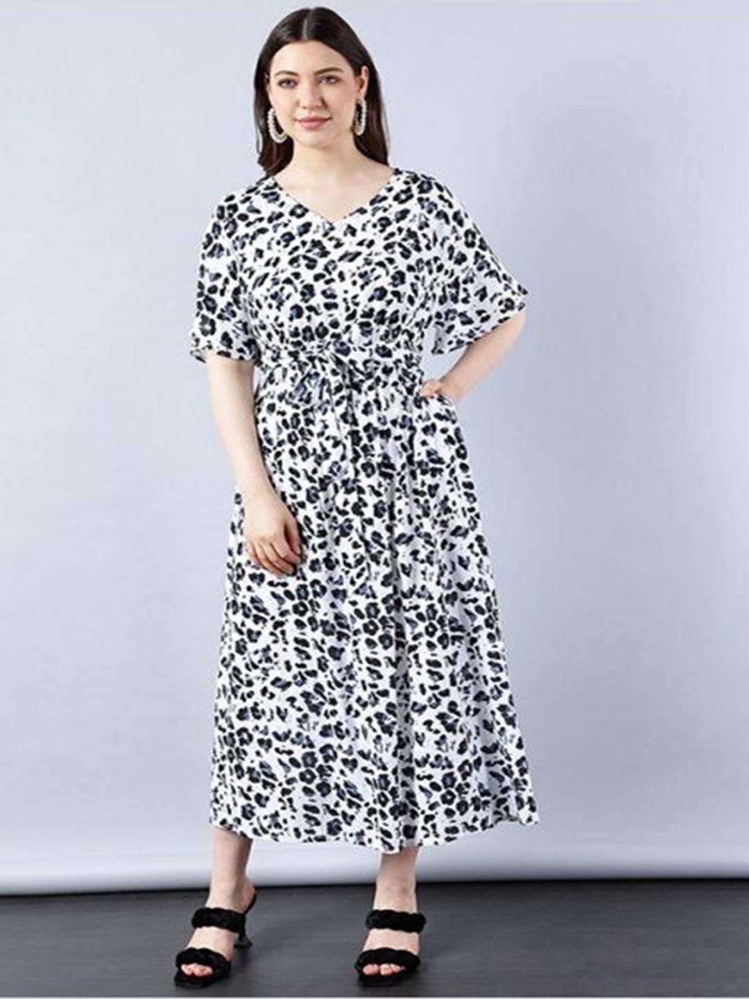 

Aila Animal Printed Tie Up Cotton Fit & Flare Midi Dress With Belt, White