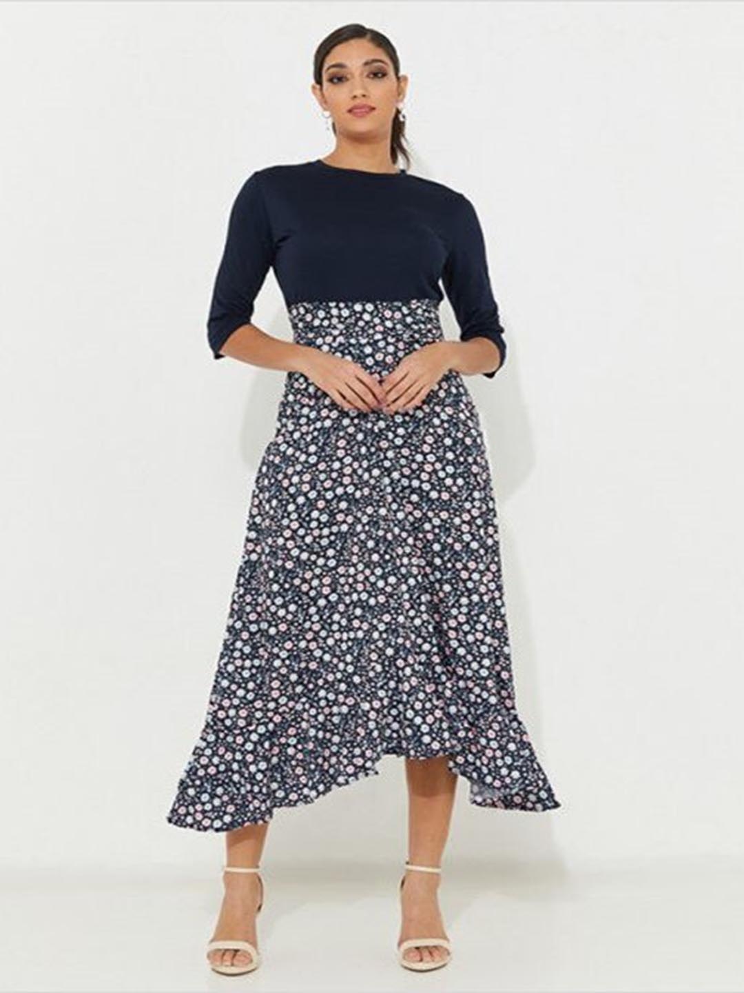 

Aila Floral Printed Ruffled Cotton A-Line Midi Dress, Navy blue