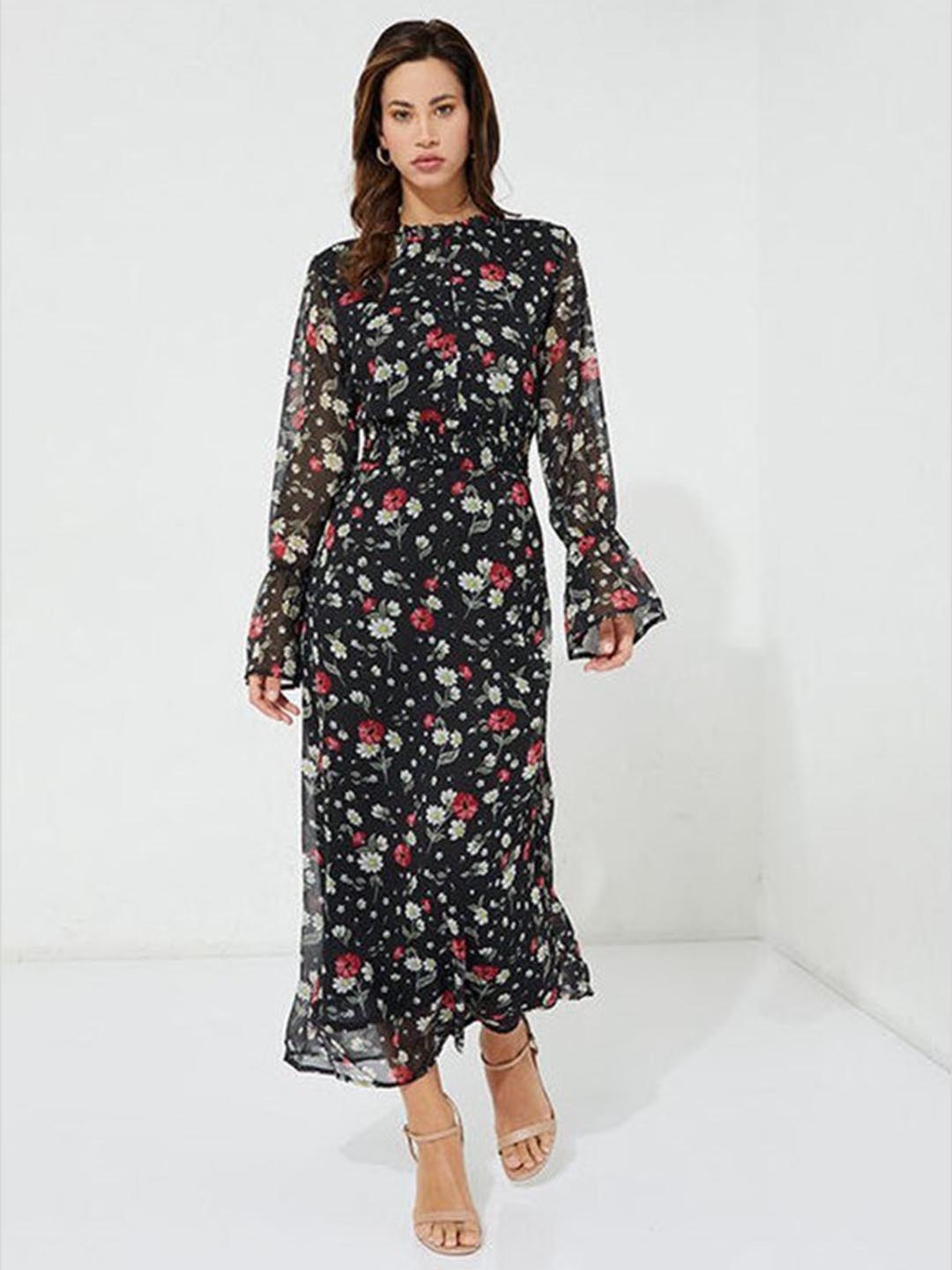 

Aila Floral Printed Bell Sleeves Smocked A-Line Dress, Black