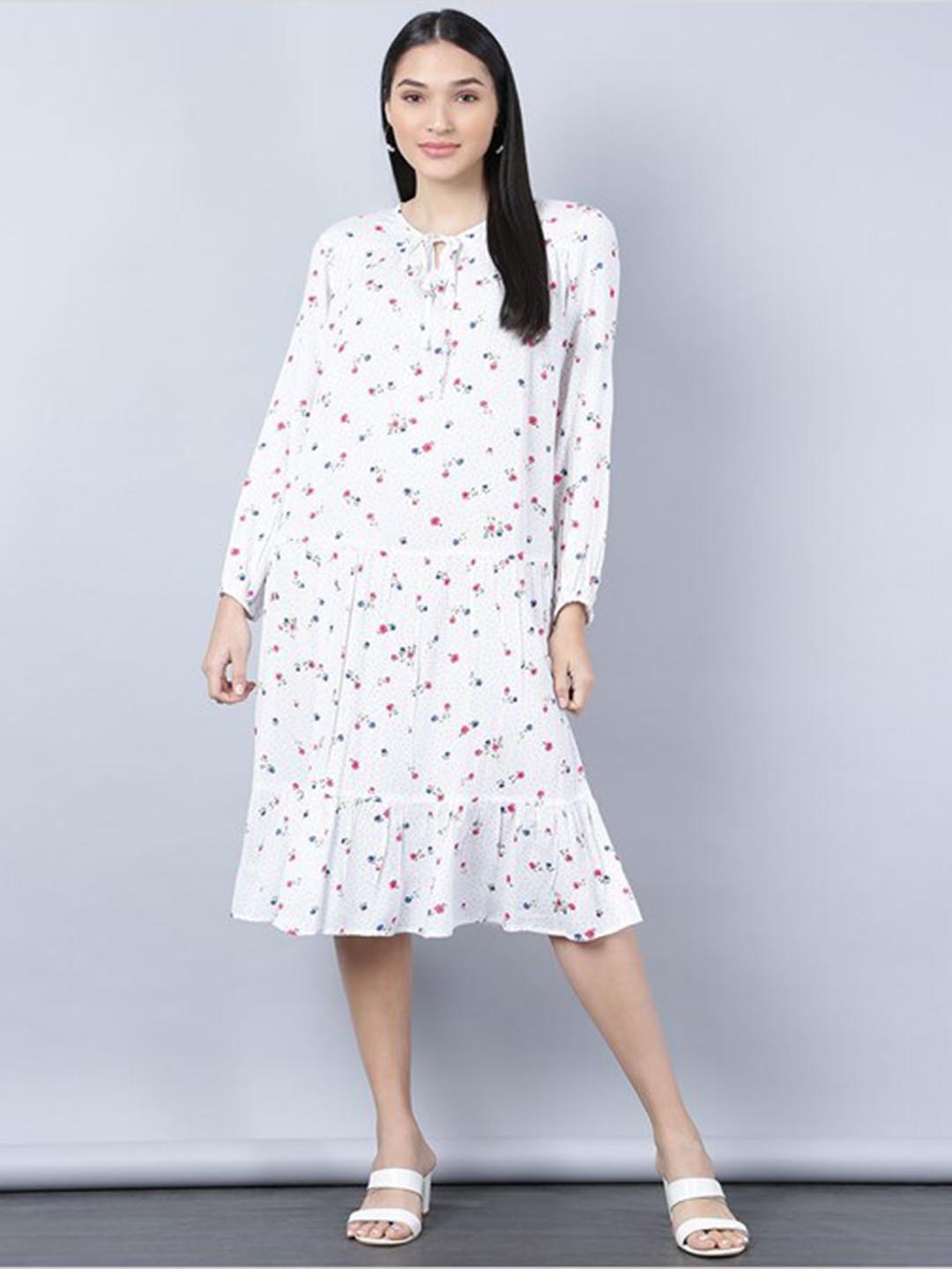 

Aila Floral Printed Keyhole Neck A-line Midi Dress, White