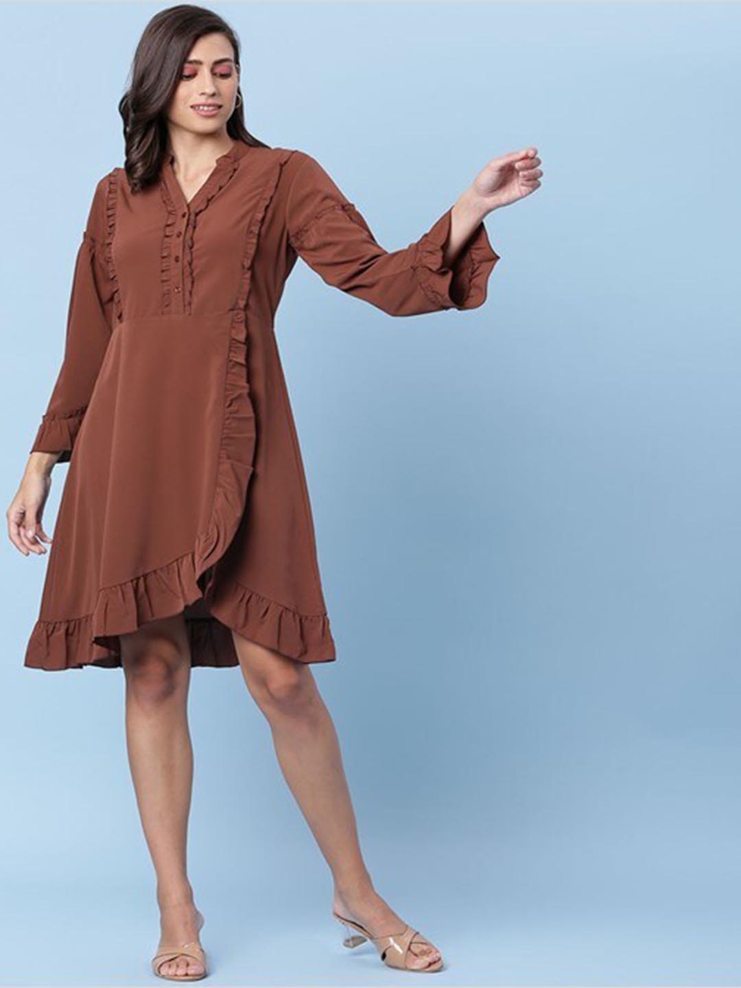

Aila Mandarin Collar Bell Sleeves Ruffles A-Line Dress, Brown