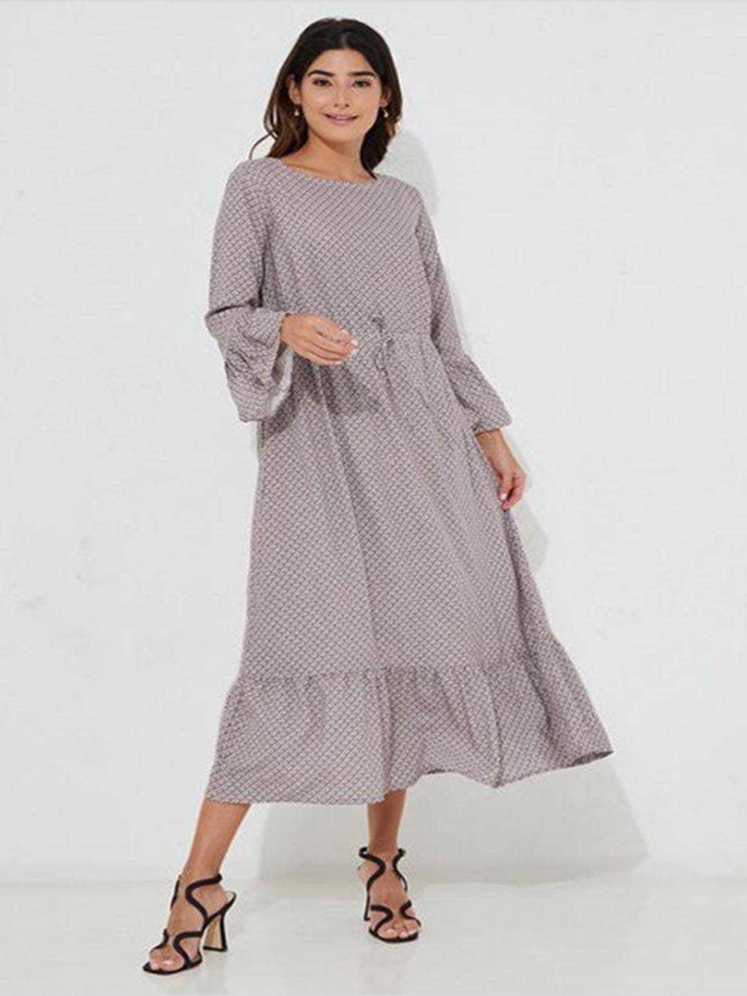 

Aila Geometric Printed Boat Neck A-Line Midi Dress, Brown