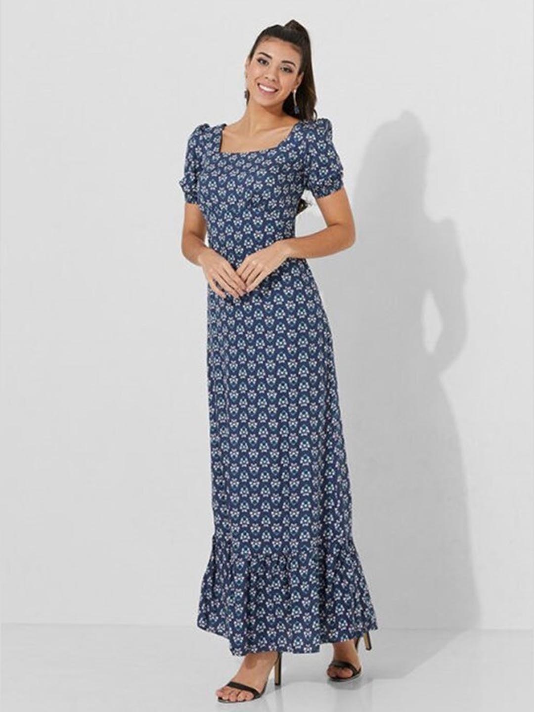 

Aila Floral Printed Square Neck Puff Sleeves Maxi Dress, Blue