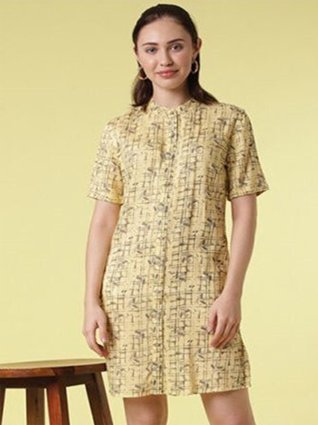 

Aila Floral Printed Mandarin Collar Shirt Dress, Yellow