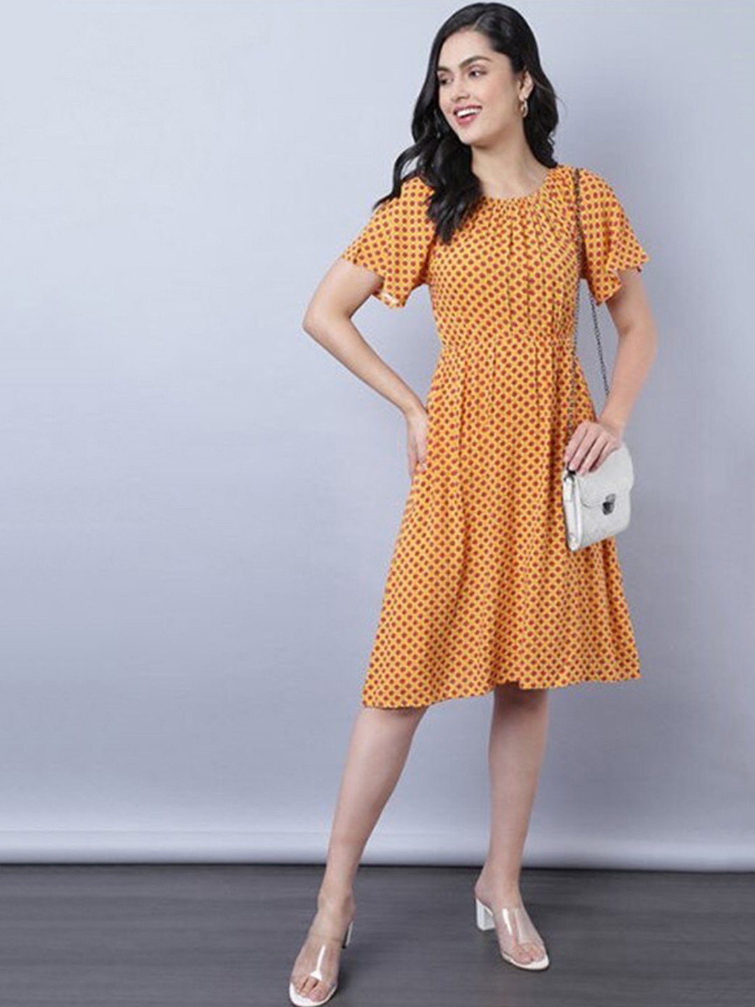 

Aila Geometric Printed Cotton Flared Sleeves A-Line Dress, Yellow