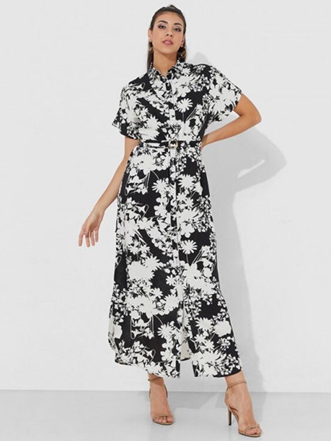 

Aila Floral Printed Shirt Midi Dress, Black