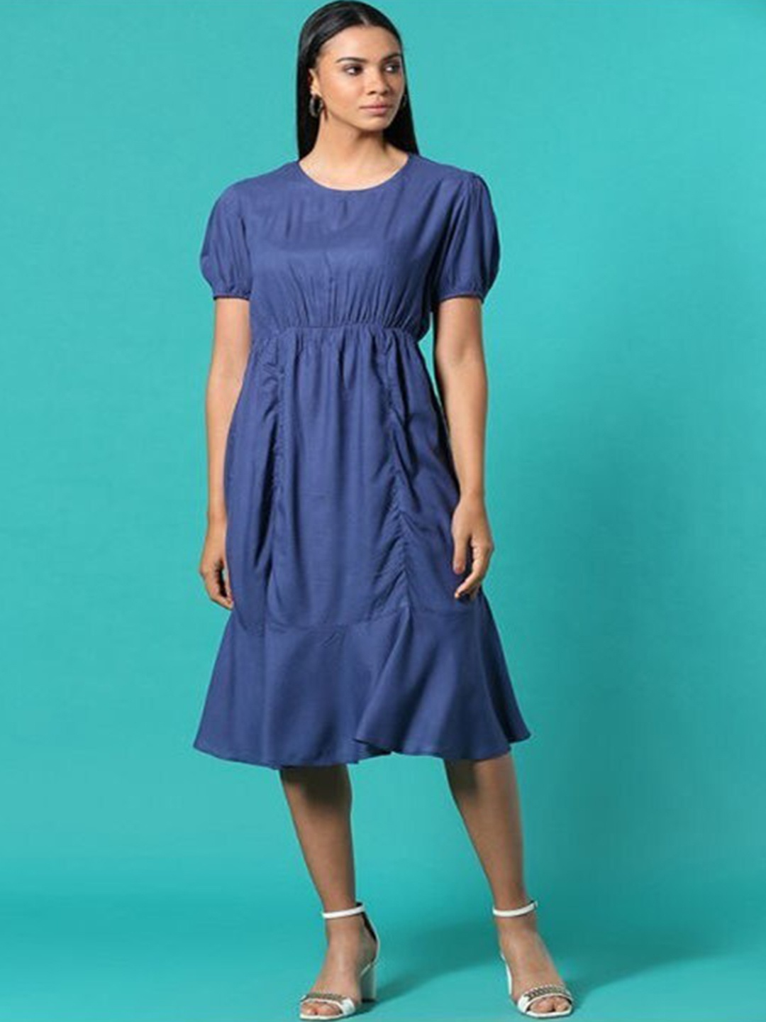 

Aila Puff Sleeves Gathered Detailed Fit & Flare Midi Dress, Navy blue