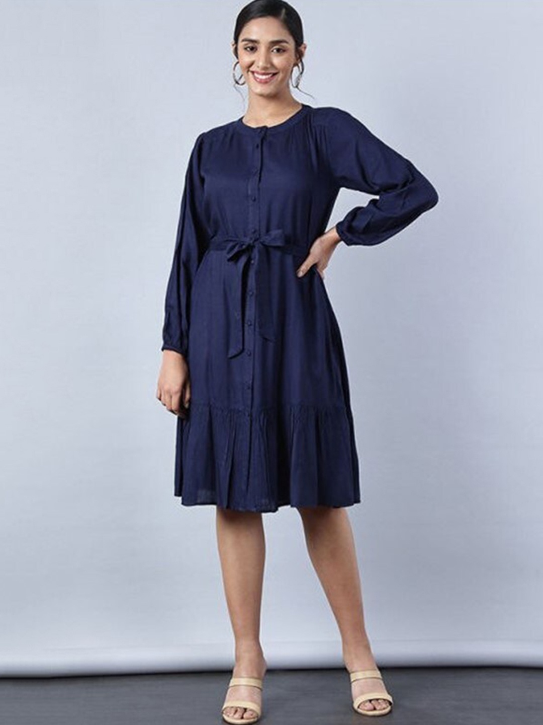 

Aila Puff Sleeves Gathered Detailed A-Line Dress With Belt, Navy blue