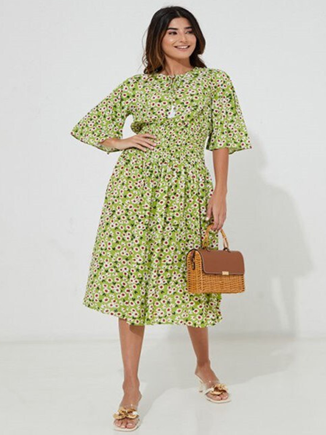 

Aila Floral Printed Flared Sleeves A-Line Dress, Green