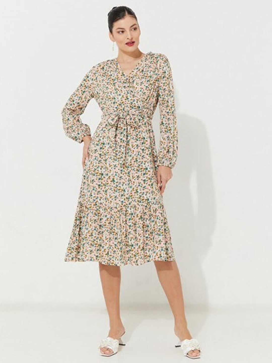 

Aila Floral Printed Tie Up A-Line Midi Dress, Beige