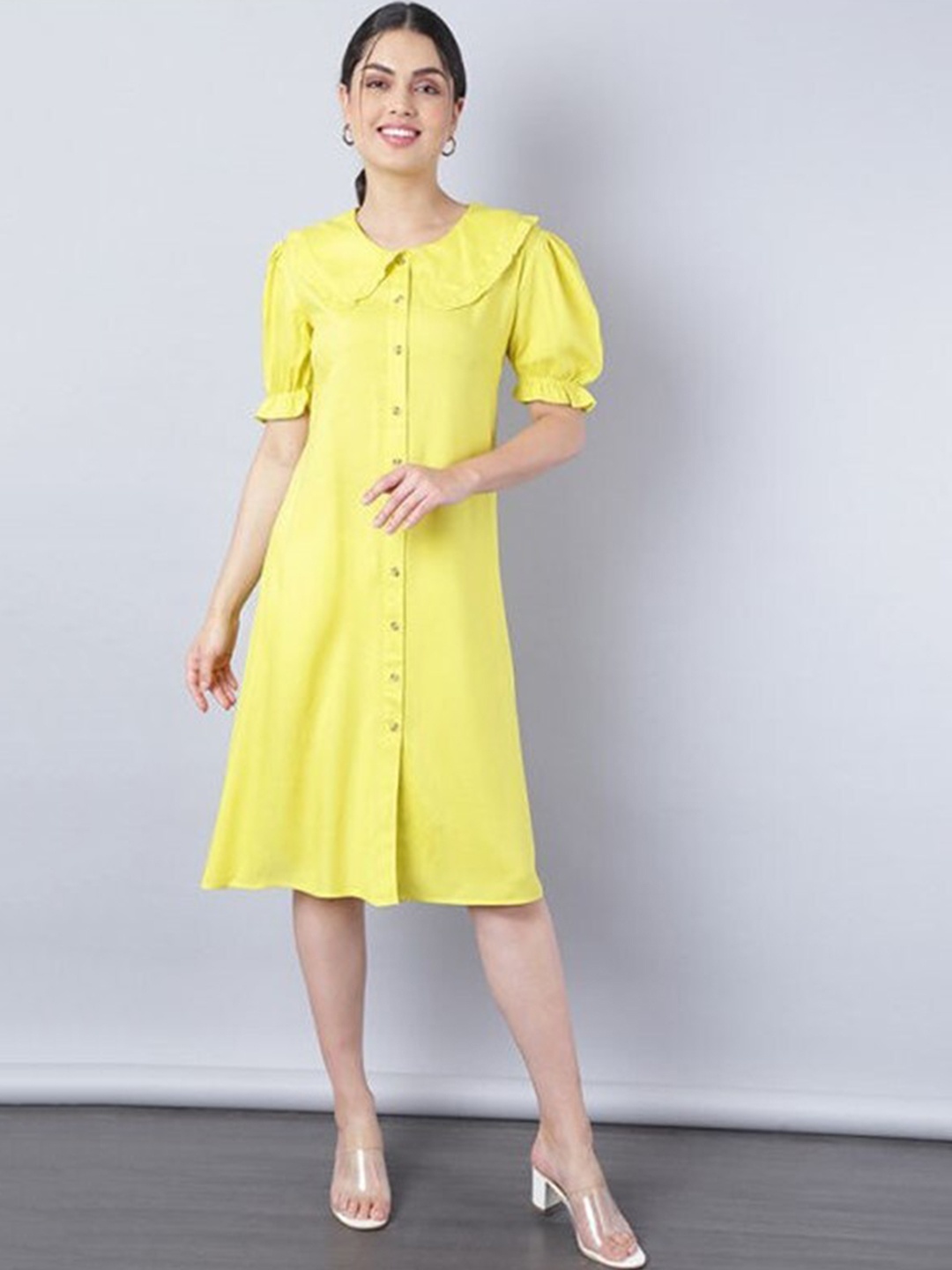 

Aila Peter Pan Collar Cotton Puff Sleeves A-Line Dress, Yellow