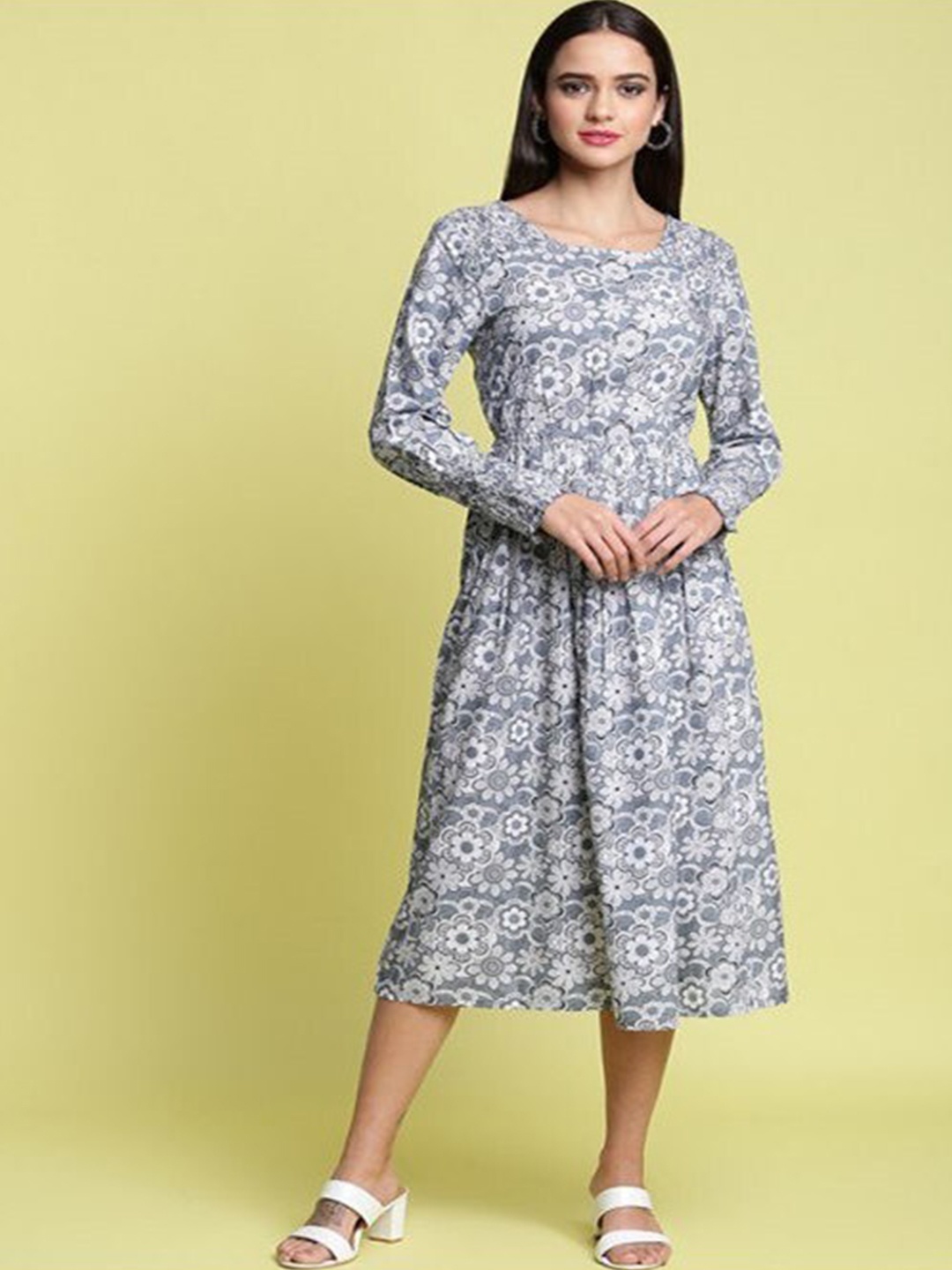 

Aila Floral Printed Fit & Flare Midi Dress, Grey