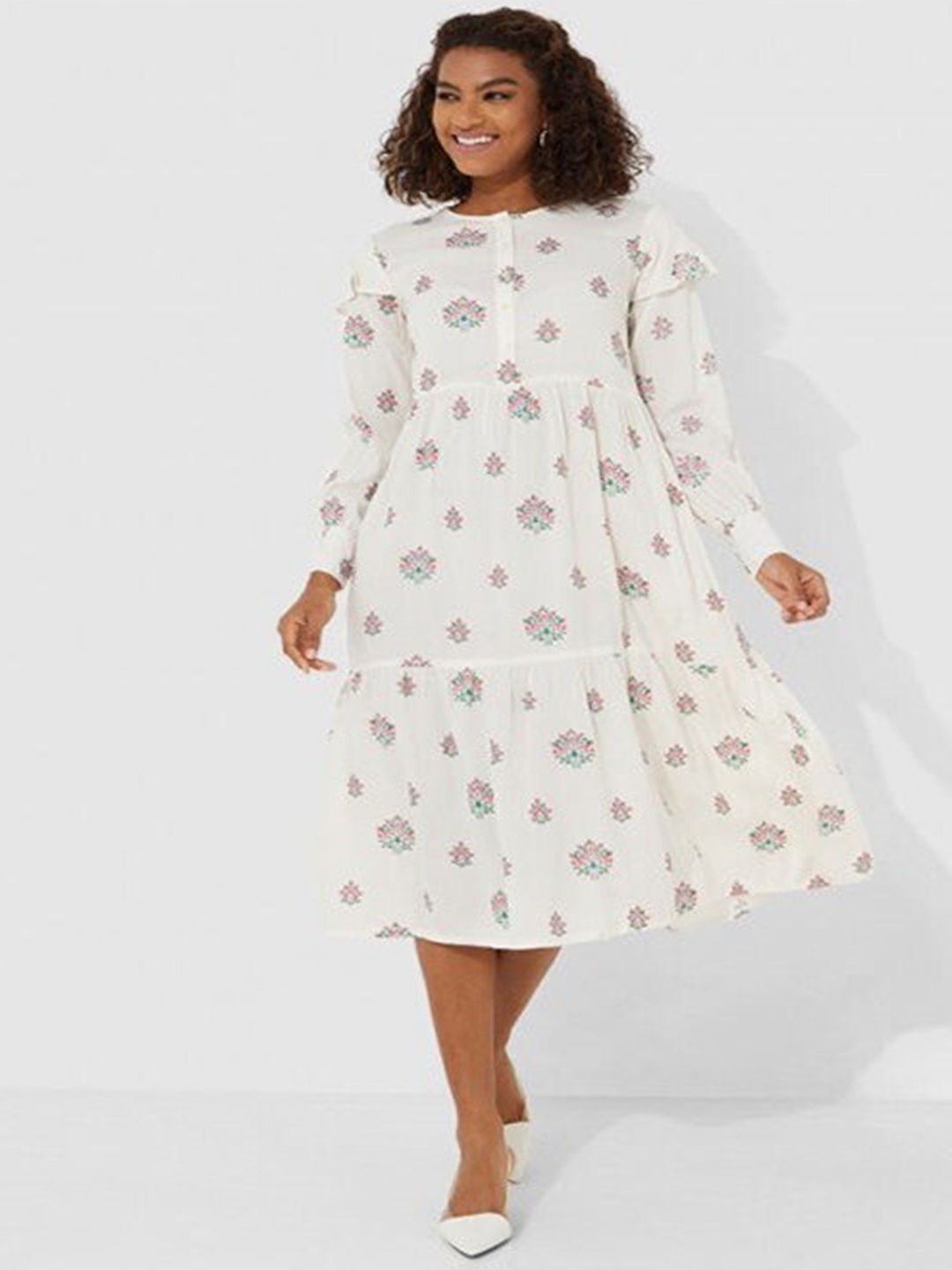 

Aila Floral Printed Tiered A-line Dress, Off white