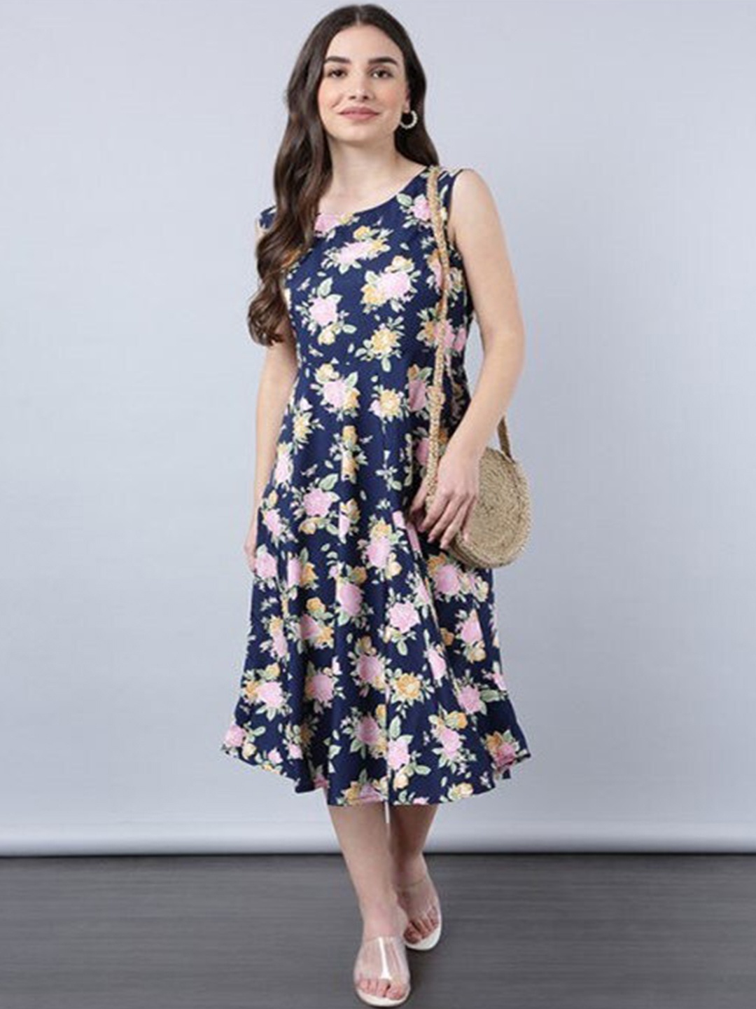 

Aila Floral Printed Cotton Sleeveless Fit & Flare Midi Dress, Navy blue