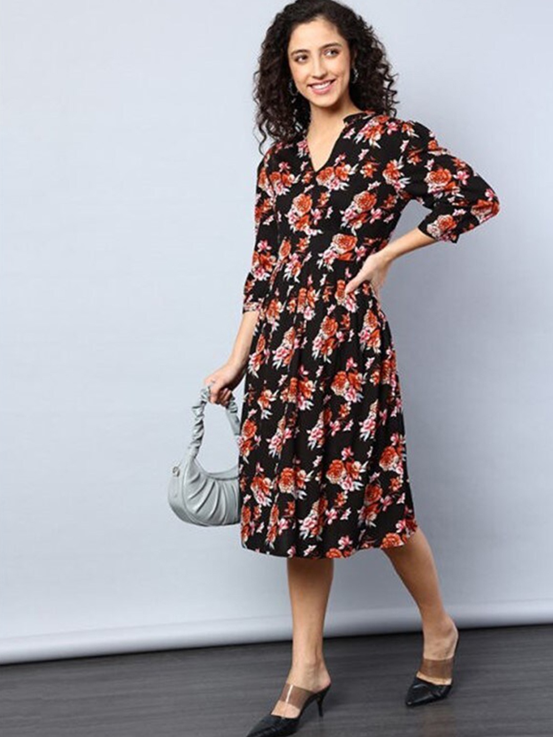 

Aila Floral Printed Mandarin Collar Fit & Flare Midi Dress, Black