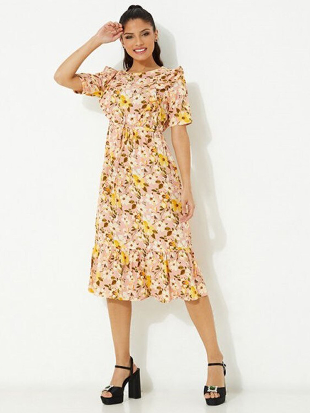 

Aila Floral Printed A-Line Midi Dress, Peach
