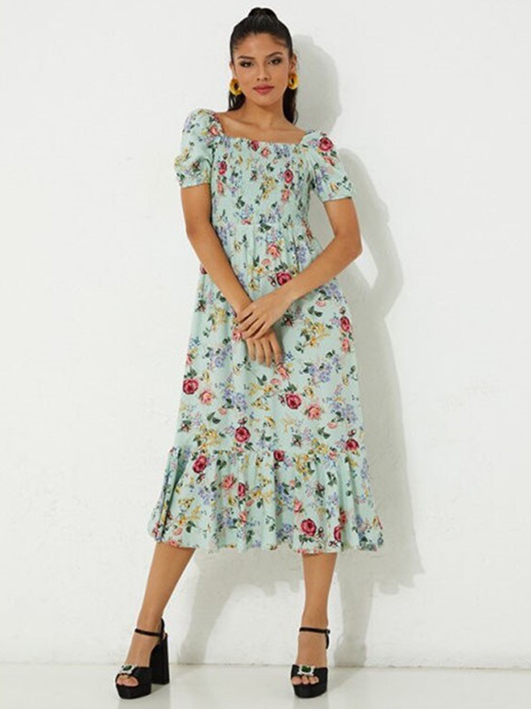 

Aila Floral Printed Smocked Fit & Flare Midi Dress, Green