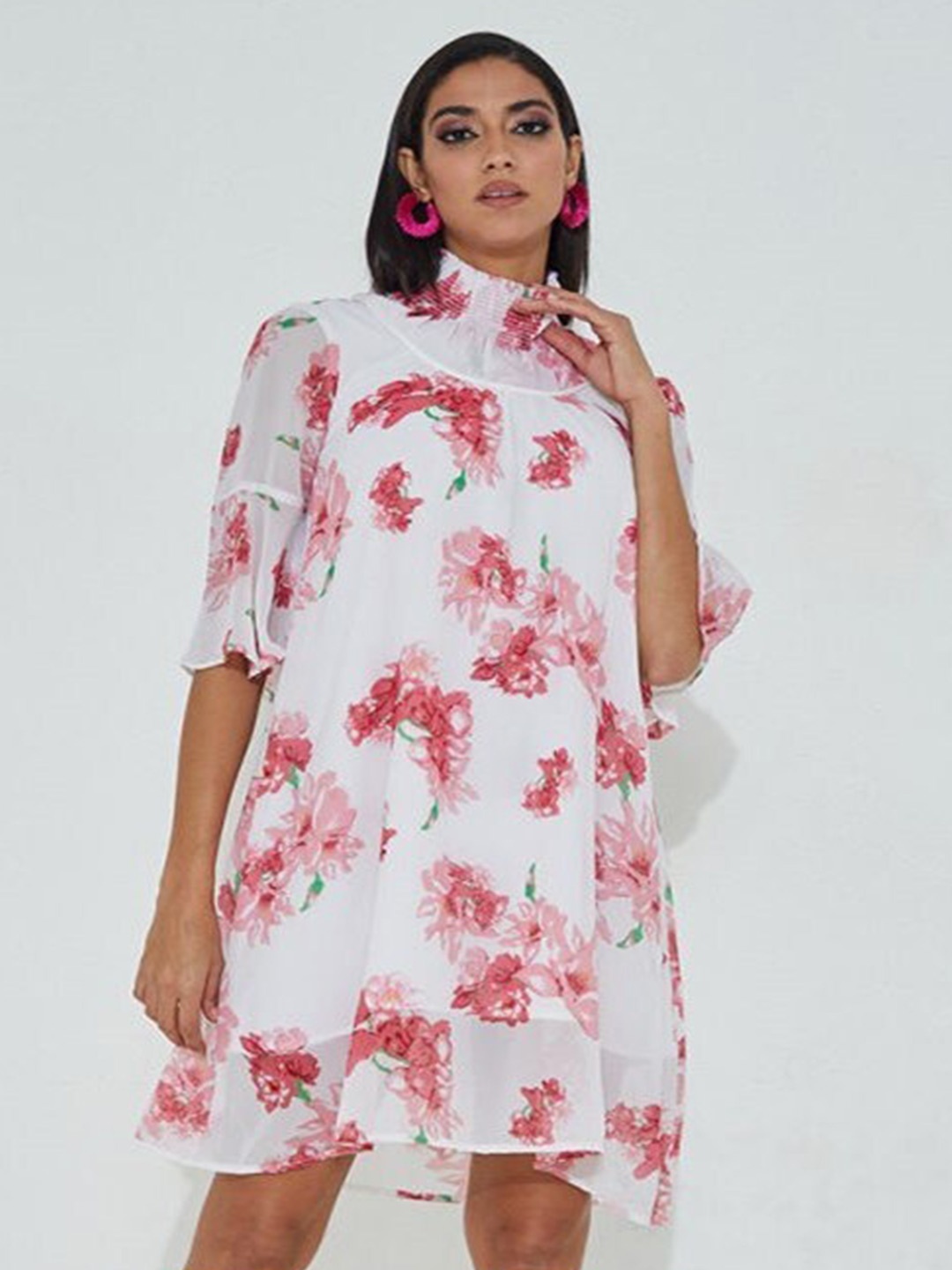 

Aila Floral Printed High Neck A-Line Opaque Above Knee Dress, Off white
