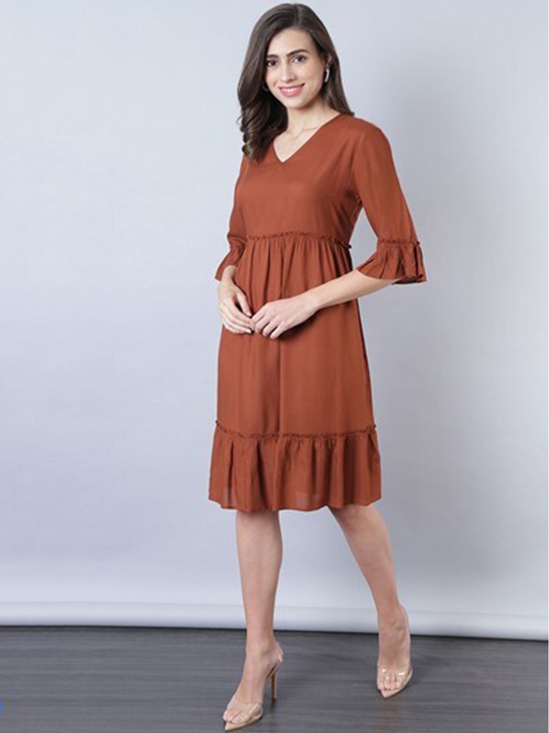 

Aila V-Neck A-Line Opaque Knee Length Dress, Brown