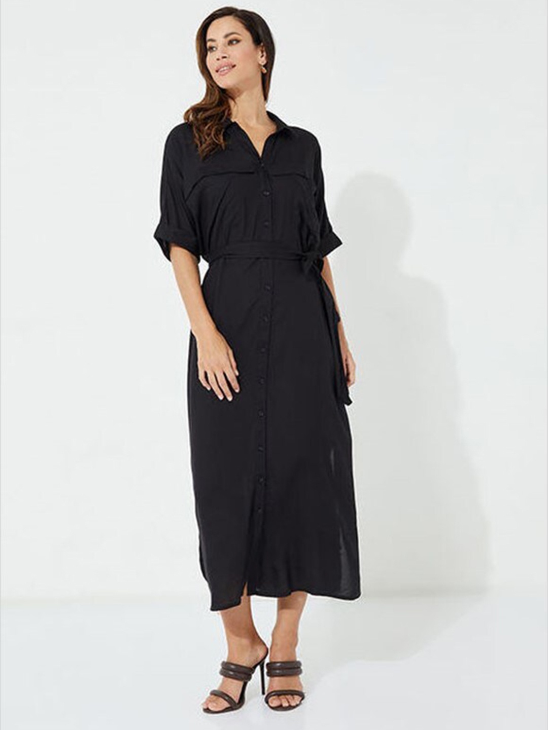 

Aila Shirt Collar A-Line Opaque Maxi Dress, Black