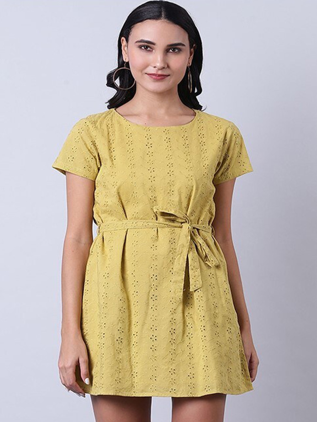

Aila Round Neck A-Line Opaque Cotton Above Knee Dress, Mustard