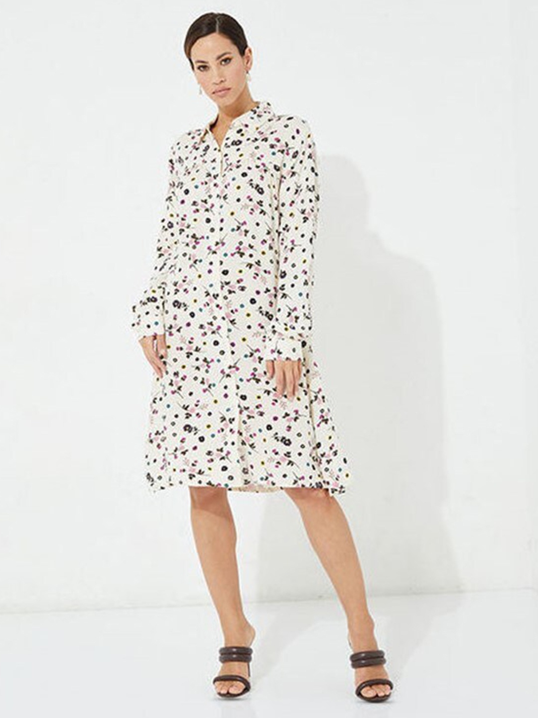 

Aila Floral Printed Shirt Collar A-Line Knee Length Dress, White