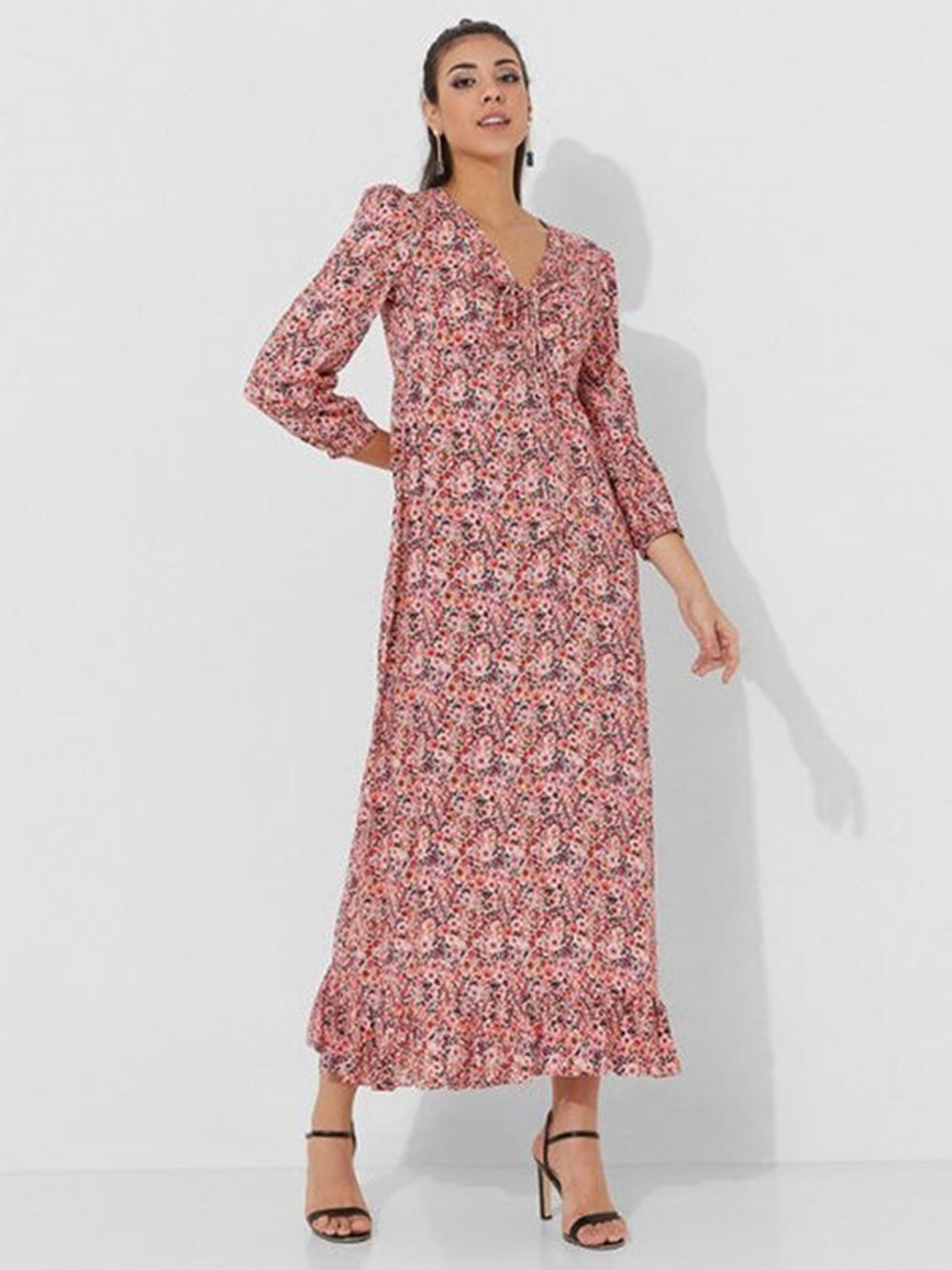 

Aila Floral Printed V-Neck A-Line Opaque Maxi Dress, Pink
